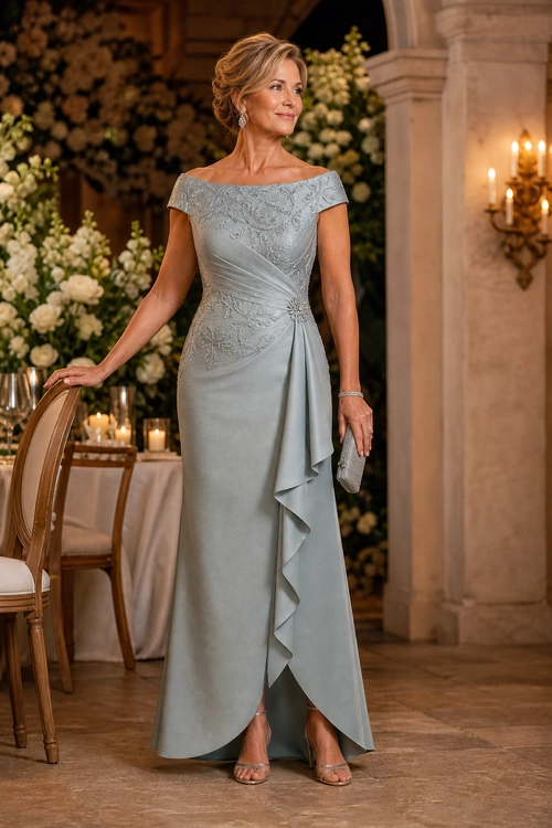 Elegant Silver-Blue Draped Evening Gown A woman wears a pale silver-blue embroidered gown with a draped ruffle skirt, metallic heels, and a small clutch in an elegant interior.