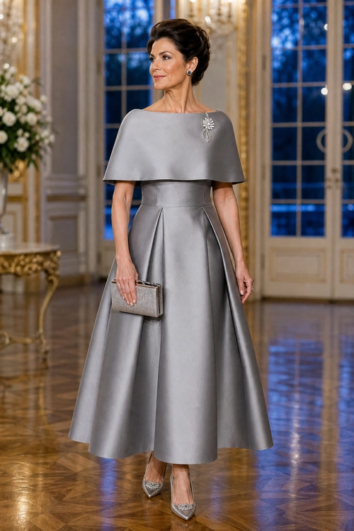 Silver Cape-Sleeve Evening Dress A woman wears a silver cape-sleeve fit-and-flare dress with a brooch, metallic clutch, and embellished pointed-toe pumps.