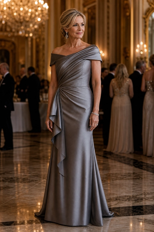 Silver Draped Evening Gown A woman wears a silver-gray off-the-shoulder evening gown with draped fabric and a floor-length skirt.