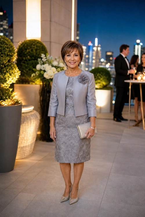 Silver Lace Dress and Jacket Ensemble A woman wears a silver-gray lace dress with a matching cropped jacket, clutch, and pointed pumps at an evening event.