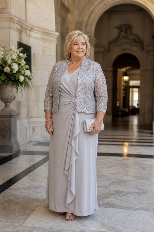 Silver Lace Jacket and Draped Evening Dress A woman wears a light silver draped floor-length dress with a cropped lace jacket, clutch, and metallic sandals.