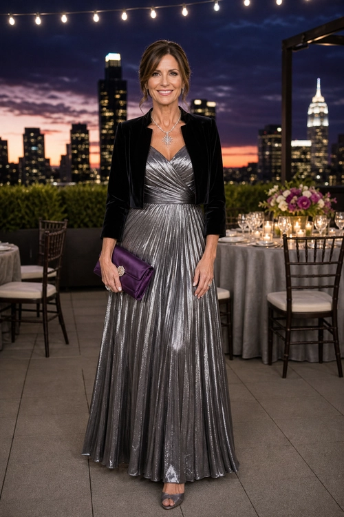 A woman wears a shimmering silver pleated floor-length gown with a black cropped jacket, purple clutch, necklace, and open-toe heels.