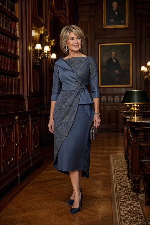 Elegant Slate Blue Draped Dress A woman wears an elegant slate blue draped dress with three-quarter sleeves, navy pumps, and a small metallic clutch.