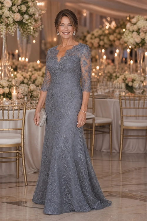 Woman wearing a floor-length slate blue lace gown with sheer three-quarter sleeves, a fitted bodice, silver clutch, and matching jewelry.