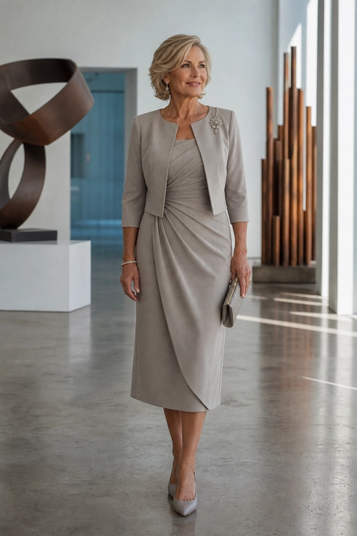 Taupe Draped Dress Suit A woman wears a taupe draped dress with a matching cropped jacket, brooch, clutch, and pointed-toe pumps.