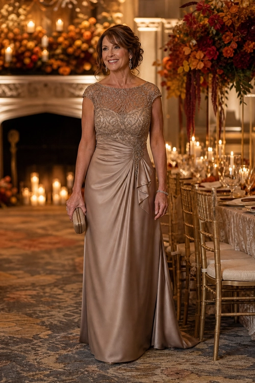 Taupe Draped Evening Gown Woman wearing a floor-length taupe gown with a beaded bodice, ruched waist, draped skirt, and matching clutch.