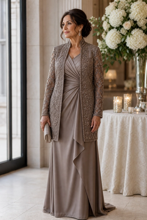 Taupe Draped Gown with Embellished Jacket Woman wearing a taupe draped floor-length gown with a long embellished lace jacket, clutch, and drop earrings.