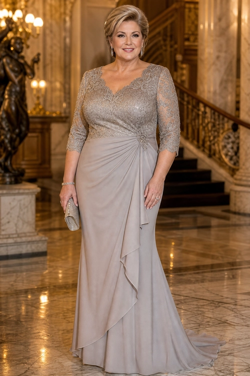 Taupe Lace Evening Gown A woman wears a taupe lace-sleeved evening gown with a draped skirt and carries a matching metallic clutch.