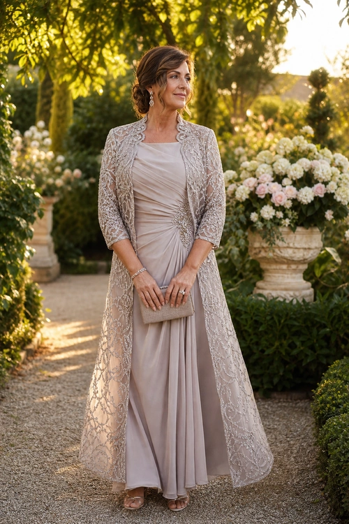 Woman wearing a taupe ruched floor-length dress with a long lace overlay, clutch, earrings, and sandals in a garden.