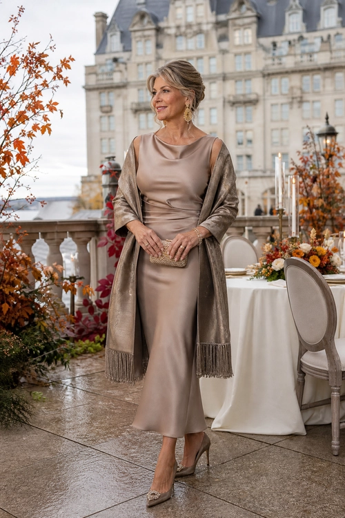 Woman wearing a taupe satin dress with a fringed shawl, pointed-toe heels, and a clutch at an elegant outdoor table setting.