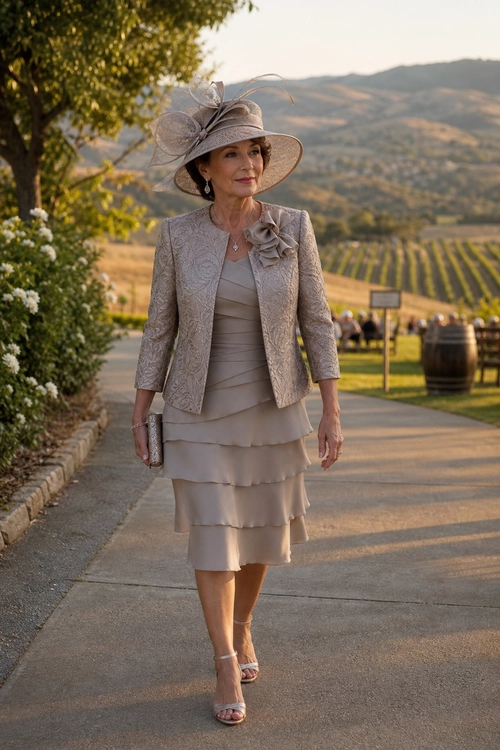 Elegant Taupe Tiered Dress Ensemble A woman wears a taupe textured blazer, layered tiered dress, wide-brim hat, clutch, necklace, and strappy sandals outdoors.