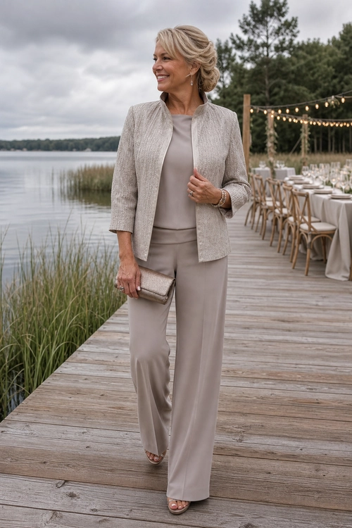 Elegant Taupe Wide-Leg Suit A woman wears a taupe textured jacket, coordinating wide-leg trousers, a satin camisole, and open-toe sandals while carrying a matching clutch.