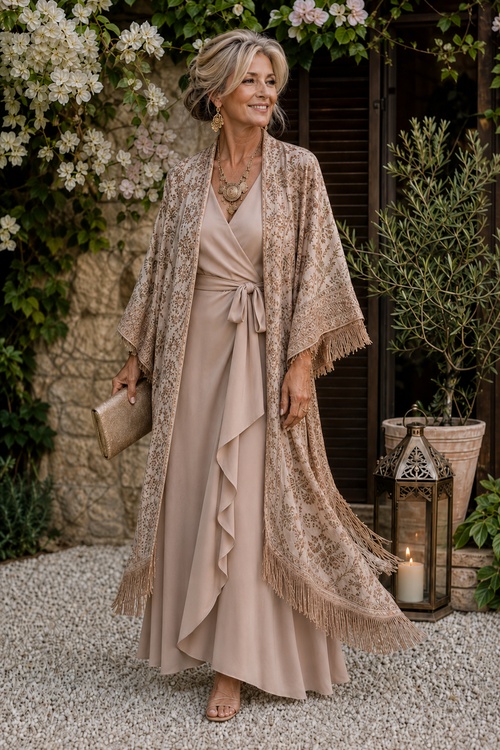 Woman in a taupe wrap dress with a floral shawl.