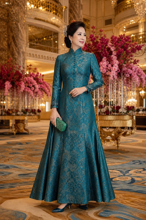 Teal Brocade Evening Dress A woman wears a floor-length teal brocade dress with long sleeves and a high collar, paired with a green clutch and dark pointed heels.