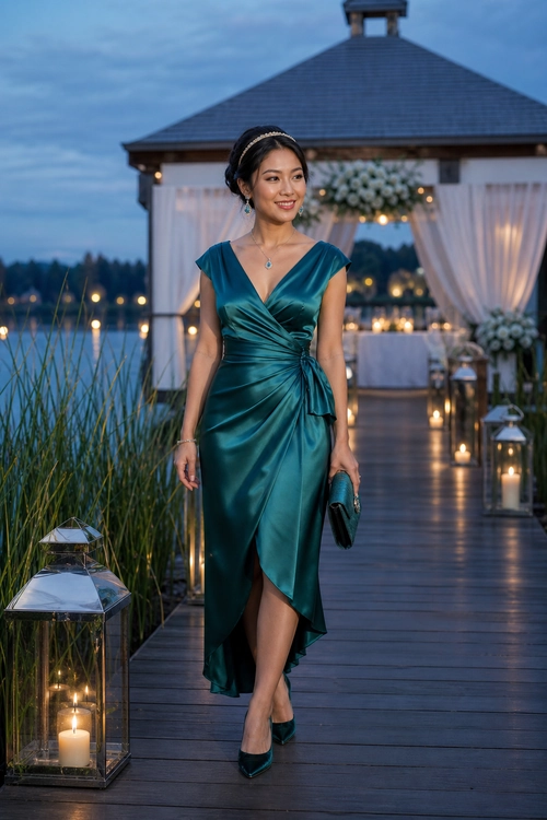 Teal Draped Satin Evening Dress Woman wearing a teal satin draped dress with an asymmetrical hem, dark heels, and a small clutch on a lakeside wedding walkway.