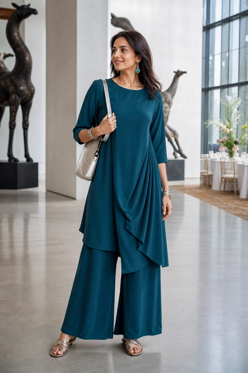 Teal Draped Tunic and Wide-Leg Pants Woman wearing a teal draped tunic with matching wide-leg pants, metallic shoulder bag, turquoise earrings, bracelets, and flat sandals.