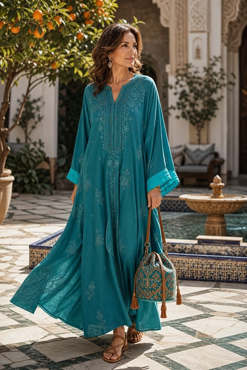 Teal Embroidered Kaftan Look A woman wears a flowing teal embroidered kaftan with brown sandals and a patterned tassel handbag in a sunlit courtyard.
