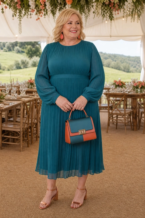 Teal Pleated Midi Dress Outfit A woman wears a teal pleated long-sleeve midi dress with coral drop earrings, a color-block handbag, and nude block-heel sandals.