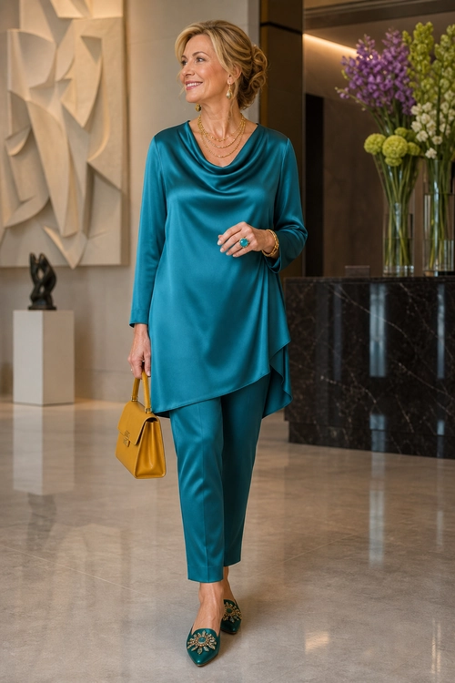 Woman wearing a teal satin draped tunic with matching tapered trousers, embellished teal flats, gold jewelry, and a mustard handbag.