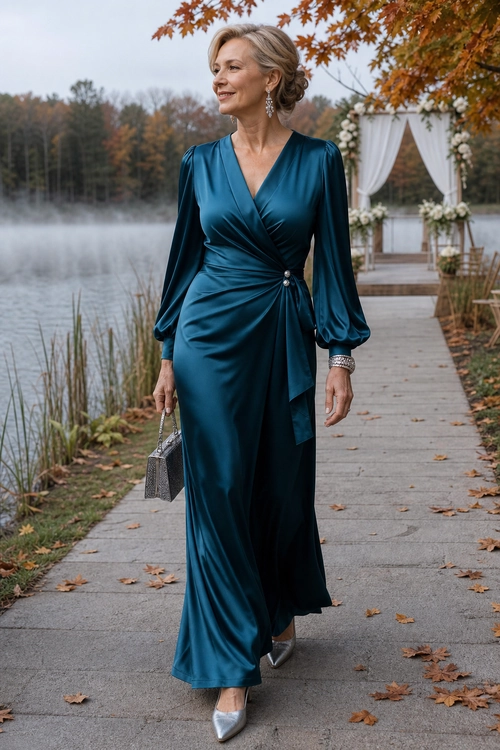 A woman wears a teal satin long-sleeve wrap dress with silver pointed heels, a metallic clutch, drop earrings, and a bracelet.