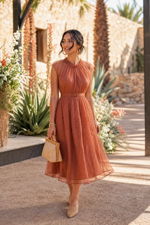 Terracotta Belted Midi Dress Woman wearing a terracotta sleeveless belted midi dress with woven pointed flats and a matching woven clutch.