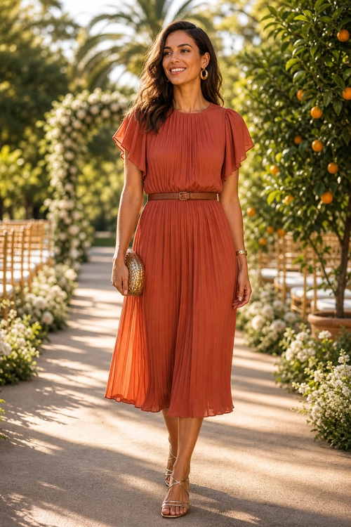 Terracotta Pleated Midi Dress A woman wears a terracotta pleated midi dress with flutter sleeves, a brown belt, strappy sandals, and a gold clutch in a garden setting.