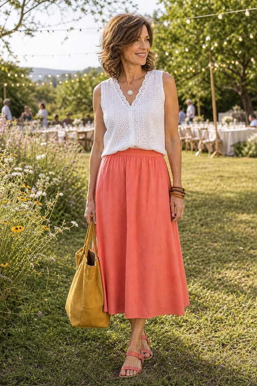 White Blouse and Coral Midi Skirt Outfit A woman wears a white sleeveless blouse with a coral midi skirt, tan sandals, and a mustard tote at an outdoor garden gathering.