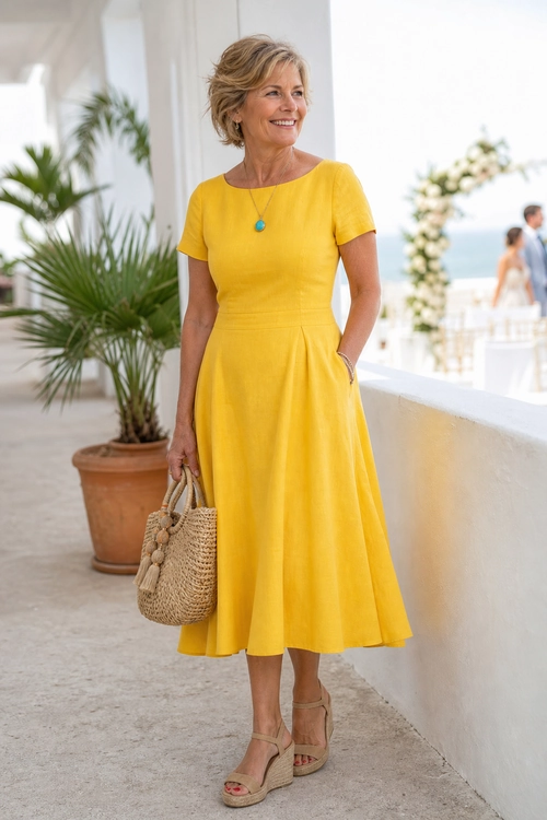 Woman wearing a yellow short-sleeve midi dress with a turquoise pendant, woven tote bag, and tan wedge sandals.
