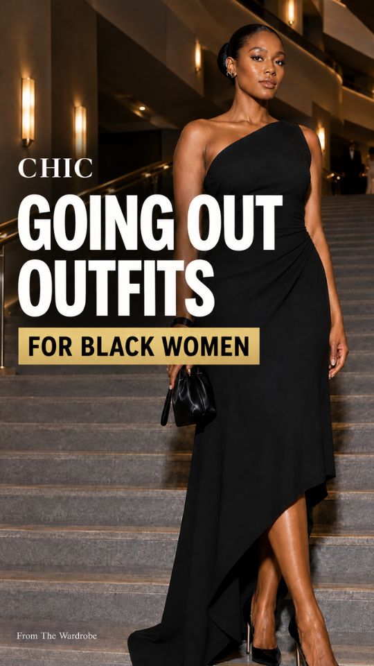 A woman wears a black one-shoulder gown with heels and a handbag, for a going-out look for black women