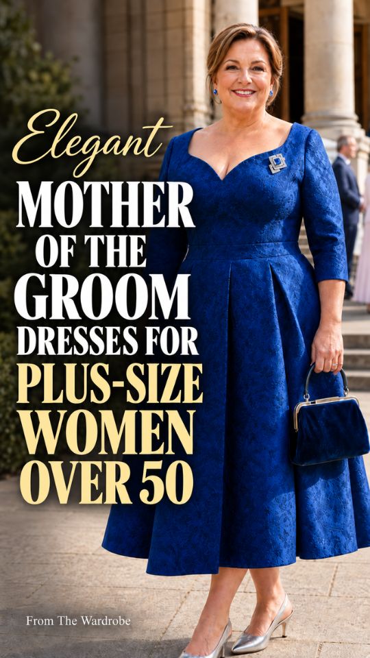A woman wears a blue dress with heels and a handbag for a mother of the groom dresses for plus size women over 50