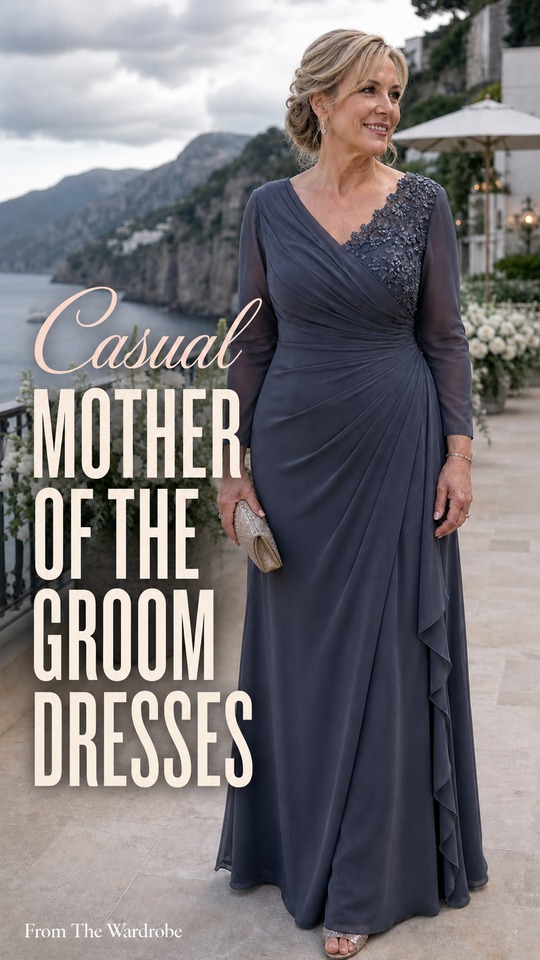 A woman wears a blue gray dress with strappy sandals and carries a clutch for casual mother of the groom dresses