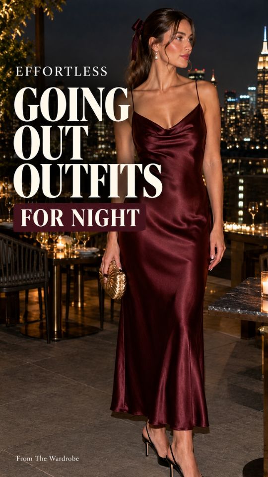 A woman wears a burgundy dress with strappy heels and a clutch for a going-out outfit for a night out