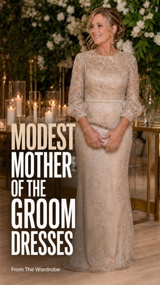 A woman wears a champagne floor-length gown with long sleeves, floral embroidery, a fitted waist, drop earrings, and a clutch, for modest mother of the groom dresses