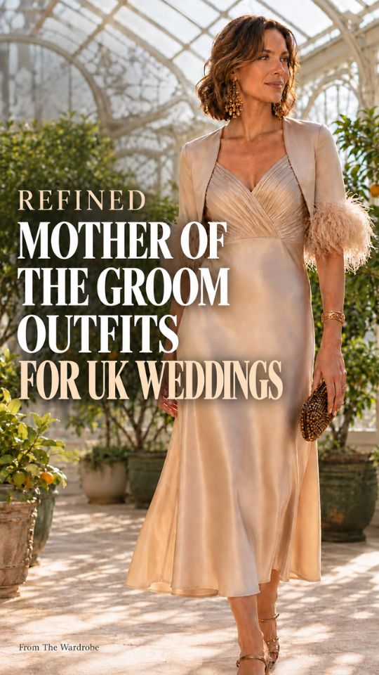 A woman wears a champagne satin midi dress with a pleated bodice, sheer feather-trimmed sleeves, strappy heels, and gold accessories for a mother-of-the-groom outfit in the UK