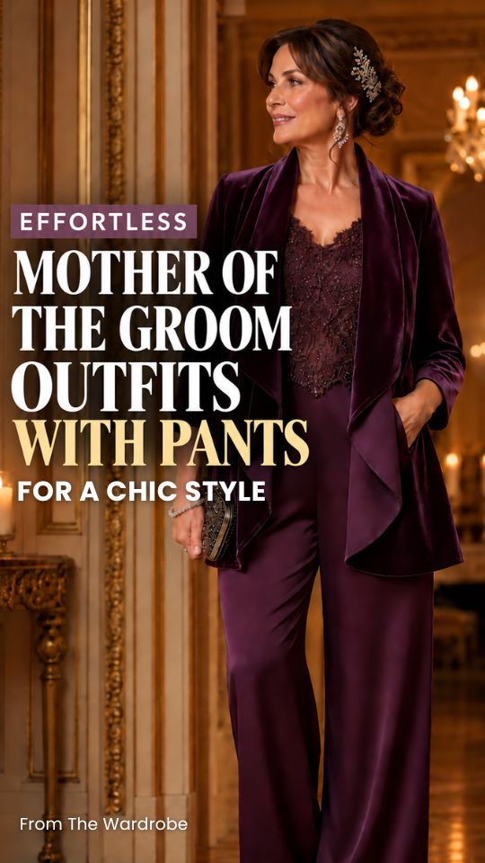A woman wears a deep plum velvet blazer, lace-trimmed camisole, wide-leg trousers, in mother-of-the-groom pants outfit