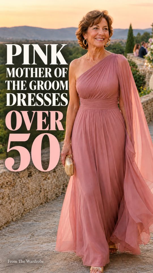 A woman wears a dusty rose pleated one-shoulder gown with a sheer draped sleeve, pink mother-of-the-groom dresses over 50