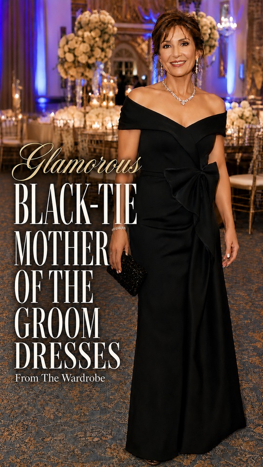 A woman wears a floor-length black off-shoulder gown with a large waist bow, drop earrings, and a beaded clutch for a black-tie mother-of-the-groom dress look