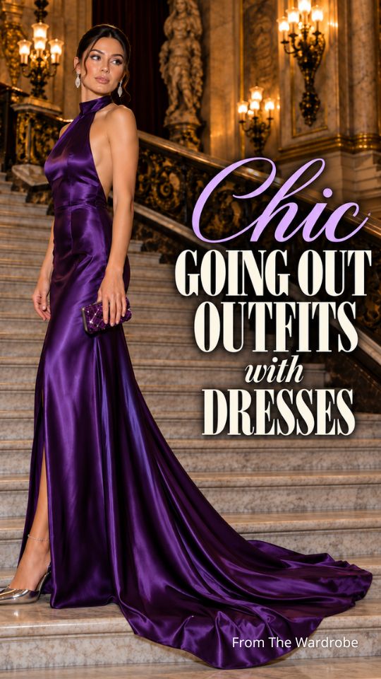A woman wears a going out outfit with a dress with a long train, silver pointed heels, drop earrings, and a jeweled clutch