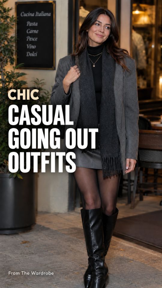 A woman wears a gray blazer over a black turtleneck, charcoal scarf, black mini skirt, sheer tights, and knee-high boots in a casual going out outfit