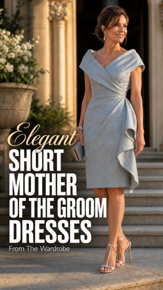 A woman wears a gray wrap dress with strappy sandals and drop earrings for short mother of the groom dresses
