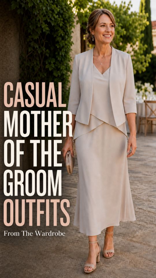 A woman wears a ivory dress with a ivory jacket, sandals, and a clutch for a casual mother of the groom outfit