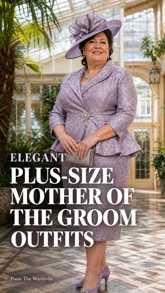 A woman wears a lavender patterned peplum jacket and knee-length skirt with a fascinator, clutch, jewelry, and pointed heels in a plus-size mother-of-the-groom outfit