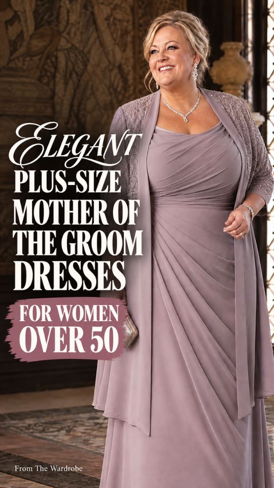 A woman wears a mauve draped dress with a lace-sleeved cardigan, clutch, and earrings, illustrating elegant plus-size mother-of-the-groom dresses for women over 50