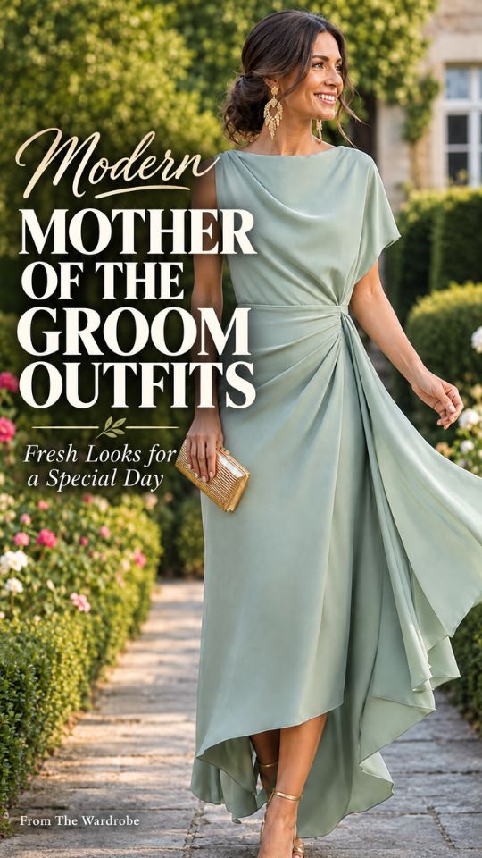 A woman wears a sage green draped dress with an asymmetrical hem, metallic sandals, drop earrings, and a gold clutch in a garden setting for modern mother-of-the-groom outfits