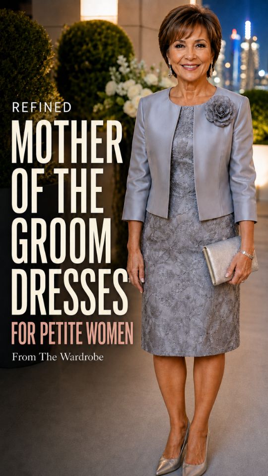 A woman wears a taupe textured blazer over a tiered dress with strappy sandals, a wide-brim hat, clutch, and necklace, illustrating Mother of the Groom Dresses for Petite Women