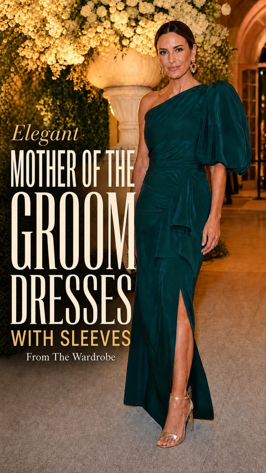 A woman wears a teal one-shoulder gown with strappy sandals and drop earrings for mother of the groom dresses with sleeves