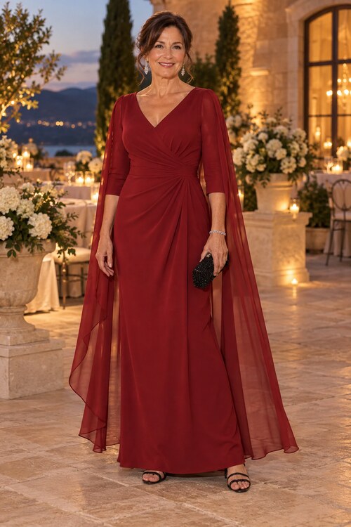 Woman over 50 in a garnet red cape mother of the groom gown