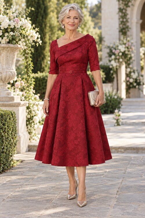 Woman over 50 in a ruby red jacquard mother of the groom dress