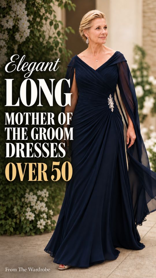 a mother of the groom over 50 wears a long dress in dark navy