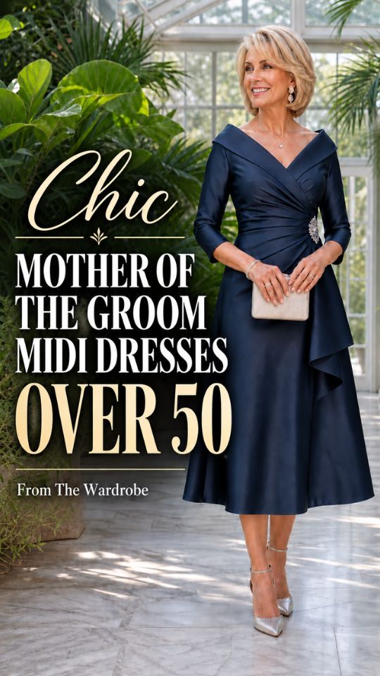 a mother of the groom over 50 wears a midi dress